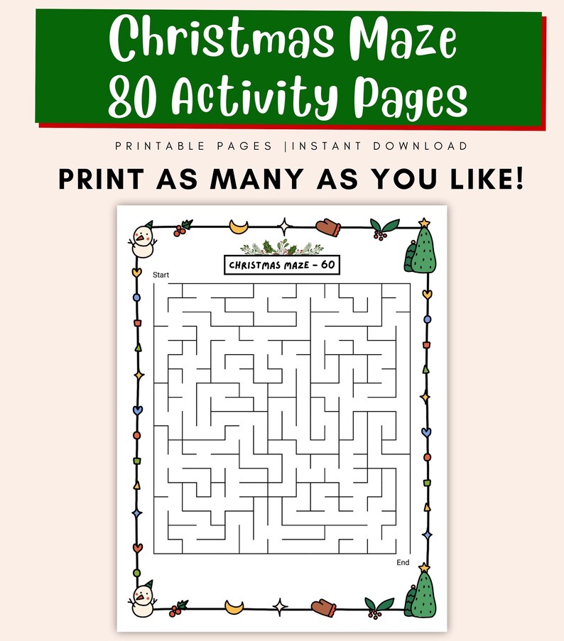 Cute festive maze worksheets for children, Christmas activity book PDF