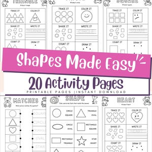 May include: A collection of printable activity pages for children, featuring shapes like triangles, circles, and squares. Each page includes tracing, coloring, and counting exercises. The title "Shapes Made Easy" is prominently displayed.