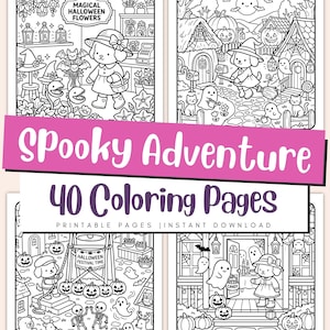 Pode incluir: Uma coleção de 40 páginas para colorir imprimíveis intituladas Spooky Adventure, com ilustrações de linhas em preto e branco de filhotes em cenários de Halloween, incluindo abóboras, fantasmas, morcegos e floriculturas com etiquetas.
