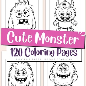 Könnte beinhalten: Vier Schwarzweiß-Malvorlagen mit niedlichen Monsterfiguren. Die Monster haben unterschiedliche Gesichtsausdrücke und Merkmale, darunter Hörner, große Augen und pelzige Körper. Der Text "Cute Monster" und "120 Coloring Pages" wird auf einem rosa Hintergrund angezeigt.