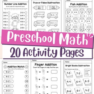 Può includere: Una raccolta di pagine di attività di matematica prescolare. Le pagine presentano esercizi di addizione, sottrazione e linea numerica. Il titolo "Preschool Math" è visualizzato in grandi lettere rosa. Le pagine sono progettate per aiutare i bambini a imparare le abilità matematiche di base.