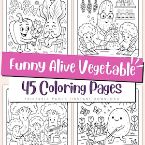 May include: A black and white coloring book cover with the text "Funny Alive Vegetable" and "45 Coloring Pages". The illustrations depict anthropomorphic vegetables in various scenes, such as a pepper giving flowers and a potato pushing a wheelbarrow.