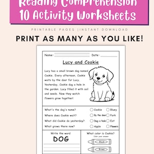 Puede incluir: Una hoja de trabajo de comprensi&oacute;n de lectura titulada "Reading Comprehension 10 Activity Worksheets". La hoja de trabajo incluye una historia sobre un perro llamado Cookie, con preguntas y secciones para completar. El texto "Print as many as you like!" tambi&eacute;n es visible.