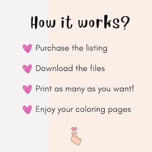 May include: How it works: Purchase the listing, download the files, print as many as you want, and enjoy your coloring pages.  Pink hearts and a hand gesture with a pink heart on the fingertip.