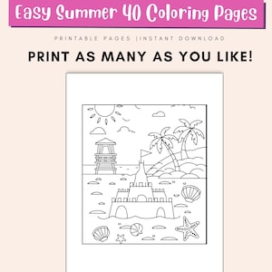 May include: A black and white line drawing of a beach scene with a sandcastle, palm trees, a lifeguard stand, and a sun. There are seashells and a starfish on the sand.