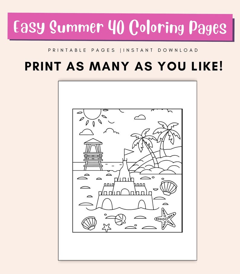 May include: A black and white line drawing of a beach scene with a sandcastle, palm trees, a lifeguard stand, and a sun. There are seashells and a starfish on the sand.