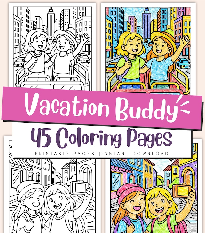 Vacation Buddy Coloring Pages for Kids and Adults – Easy Travel Scenes ...