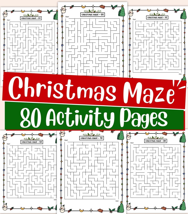 Fun Christmas maze activity worksheets for kids, printable holiday puzzles