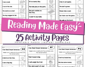 Puede incluir: Un conjunto de páginas de actividades de lectura imprimibles con el título "Reading Made Easy" en rosa y blanco. Las páginas presentan oraciones simples con ilustraciones, enfocándose en familias de palabras. Las hojas de trabajo están diseñadas para descarga instantánea.