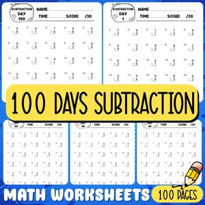 Puede incluir: Hojas de trabajo de matemáticas para practicar la resta. Las hojas de trabajo están diseñadas para 100 días de práctica e incluyen una variedad de problemas de resta. Las páginas son blancas con texto negro y una pancarta amarilla que dice "100 DAYS SUBTRACTION".