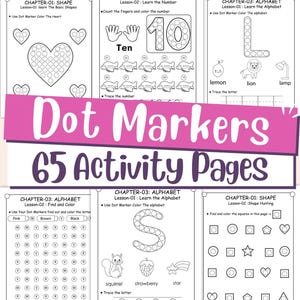 Könnte beinhalten: Ein Arbeitsbuch mit 65 Aktivitätsseiten für Kinder. Die Seiten enthalten Punktmarker-Aktivitäten zum Erlernen von Formen, Zahlen und dem Alphabet. Das Cover zeigt den Text "Dot Markers" und "65 Activity Pages".