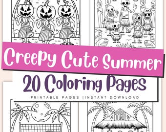 Creepy Summer Coloring Pages for Kids & Adults, Spooky Beach Printable PDF Book