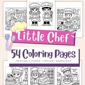 Puede incluir: Páginas para colorear en blanco y negro con niños vestidos de chefs. Las páginas incluyen imágenes de pasteles, cupcakes, galletas y otros utensilios de repostería. El texto "Little Chef" y "54 Páginas para colorear" está incluido en la imagen.