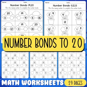 May include: Educational math worksheets with number bond problems up to 20. The worksheets include car and flower illustrations to aid children's learning of addition and subtraction. The image text reads "Number Bonds to 20" and "Math Worksheets 29 Pages".