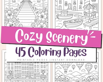 Cozy Scenery Coloring Pages for Kids & Adults – Peaceful Landscapes, Relaxing Nature Art Printable