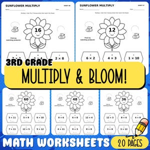 Pode incluir: Uma coleção de fichas de exercícios de matemática do 3º ano intitulada Sunflower Multiply, com desenhos a preto e branco de girassóis numerados, abelhas e problemas de multiplicação em caixas hexagonais, com o texto Multiply & Bloom!