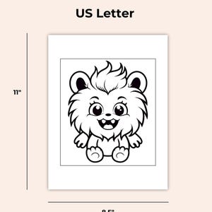 May include: Black and white line drawing of a cartoon lion with a fluffy mane, big eyes, and a wide smile. The lion is sitting with its legs crossed and its paws tucked in. The image is 8.5 inches wide and 11 inches tall.