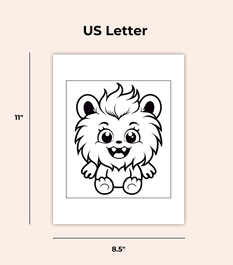 May include: Black and white line drawing of a cartoon lion with a fluffy mane, big eyes, and a wide smile. The lion is sitting with its legs crossed and its paws tucked in. The image is 8.5 inches wide and 11 inches tall.