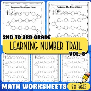 Puede incluir: Un conjunto de hojas de trabajo de matemáticas para estudiantes de 2º a 3º grado. Las hojas de trabajo presentan senderos numéricos con problemas de suma y resta. El título "Learning Number Trail" se muestra, junto con el número de volumen y el texto "Math Worksheets 20 Pages."
