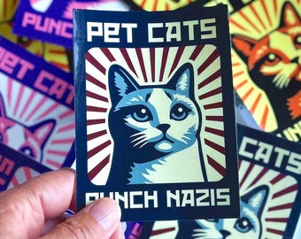 Pet Cats Punch Nazis 3x4 Inch Sticker, Resist, Anti Hate Nazi Fascism