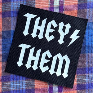 They Them Pronoun 4x4 Inch Punk Patch, Black Canvas Sew On, Transgender LGBTQ Nonbinary Gender Pronouns