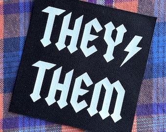 They Them Pronoun 4x4 Inch Punk Patch, Black Canvas Sew On, Transgender LGBTQ Nonbinary Gender Pronouns