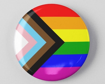 Progress Pride Flag Button 1.25" or 2.25" Pinback Pin Button Badge or Magnet Gay Pride Rainbow Flag, LGBT LGBTQ Pride, Queer Gay & Lesbian