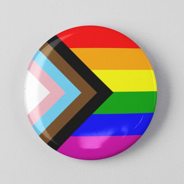 Progress Pride Flag Button 1.25" or 2.25" Pinback Pin Button Badge or Magnet Gay Pride Rainbow Flag, LGBT LGBTQ Pride, Queer Gay & Lesbian