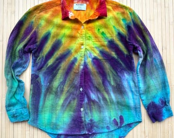 Upcycled Tie Dye Flannel Long Sleeve Shirt Ice Dyed Junior Size XL Rainbow & Turquoise