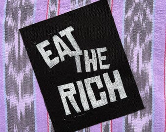 Eat The Rich 4x5 Inch Punk Patch - Hand Carved Linocut Block Print on Black Canvas - Sew On