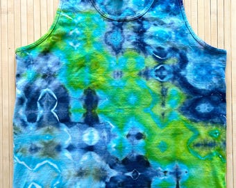 Water Reflection Glitch Ice Dye Tie Dyed Tank Top Size Large Blues and Greens. One of Kind!