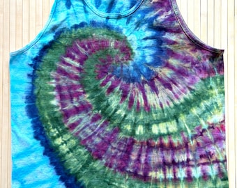 Earth Spiral Tie Dye Tank Top Size Large Ice Dyed - Blues and Greens - One of Kind and Ready to Ship