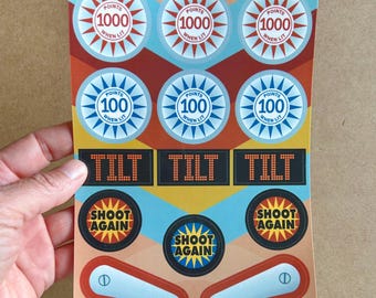 Pinball Machine Sticker Sheet 5x7 Inch - 14 Stickers! Pop Bumpers, Tilt, Shoot Again, Flippers