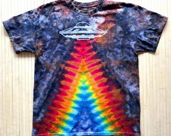 UFO Flying Saucer Tie Dye T-Shirt Ice Dyed Hand Printed Linocut Size Large Ready to Ship! One of Kind!