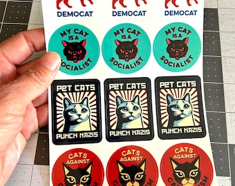 Resistance Cats Sticker Sheet 5x7 Inch - 12 Stickers! Democat, My Cat is a Socialist, Pet Cats Punch Nazis, Cats Against Capitalism