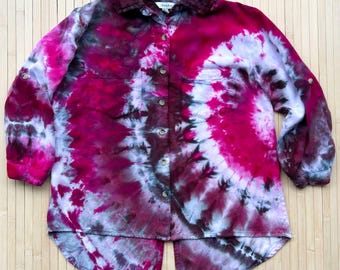 Upcycled Tie Dye 3/4 Sleeve Button Down Ice Dyed Shirt Blouse Women's Size Small - Fuchsia and Black Cherry - One of Kind and Ready to Ship!