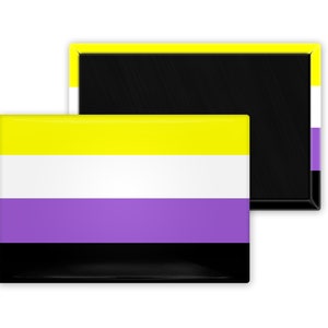 May include: A yellow, white, purple, and black striped magnet with a black backing. The magnet is shaped like a rectangle.