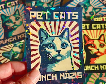 Pet Cats Punch Nazis 3x4 Inch Sparkle Sticker, Resist, Anti Hate Nazi Fascism