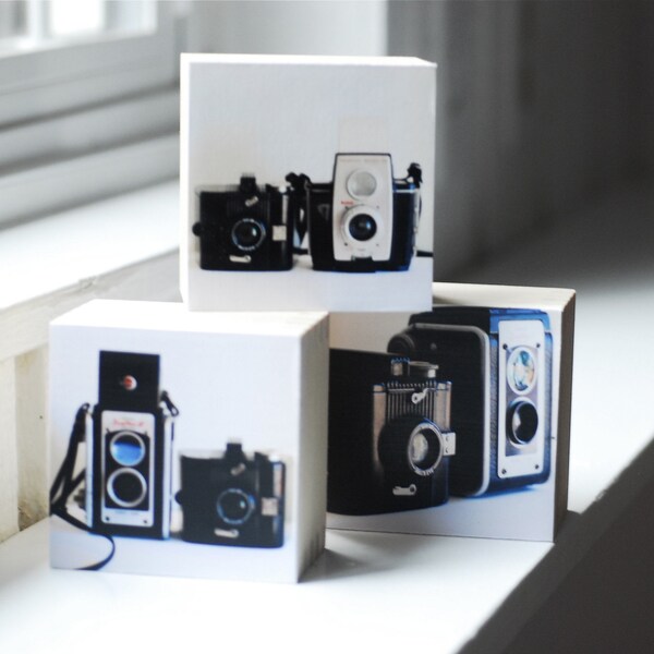 Vintage Cameras- Three sculptural photoblocks, a tryptic