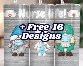 Nurse Gnomes 20oz Skinny Tumbler Wrap PNG, Sublimation Design Digital Download