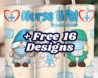Nurse Gnome 20oz Skinniy Tumbler Wrap  Sublimation Design PNG Digital Download