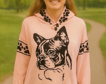 May include: A light pink hooded sweater featuring a black and white graphic of a dog's face. The sweater has paw prints on the sleeves and around the hood. The sweater is made of a soft, knitted material.