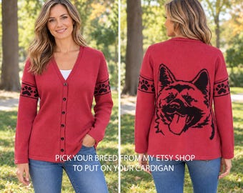 May include: A red V-neck button-down cardigan featuring black paw print patterns on the sleeves and a large black graphic of a dog's face on the back. The text on the image reads: PICK YOUR BREED FROM MY ETSY SHOP TO PUT ON YOUR CARDIGAN.