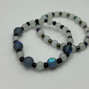 Iridescent Glow Glass Bead Bracelets (Set of 2) |  Moonstone Inspired Stretch Bracelets