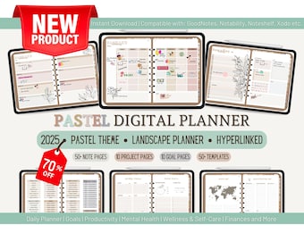 2025 Pastel Digital Planner: Hyperlinked Landscape Format (Goodnotes, Notability, Xodo)