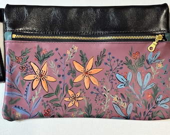 Hand Painted Leather Pouch – Botanical Floral Zipper Clutch – Boho Cosmetic Case
