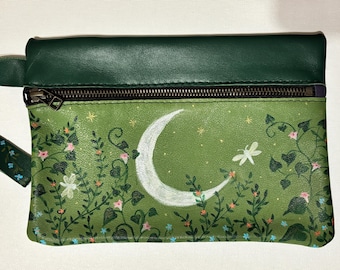Hand Painted Leather Clutch – Moon Stars Botanical Garden Cosmetic Bag