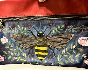 One-of-a-Kind Hand-Painted Leather Clutch – Red & Midnight Blue with Golden Bee