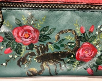 One-of-a-Kind Hand Painted Leather Pouch- Floral and Gold Scorpion Design
