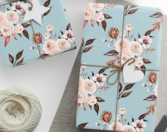 Blue Boho Floral Wrapping Paper, Floral Gift Wrap, Mother's Day, Gift For Mom, Gift For Her, Country Gift Wrap, bridal Shower Gift Wrap